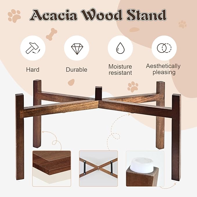 SPUNKYJUNKY Raised Ceramic Dog Bowls Set with Non-Slip Acacia Wood Stand for Large Sized Dog(60.87 OZ, Gray)