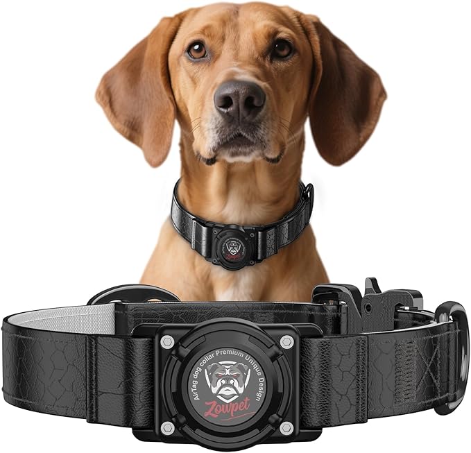 AirTag Dog Collar - Leather Dog Collar with Airtag Holder | IP68 Waterproof AirTag Holder with Metal Buckle, Comfortable GPS Dog Collars Tracker for Medium Large Dogs (Black, XL)