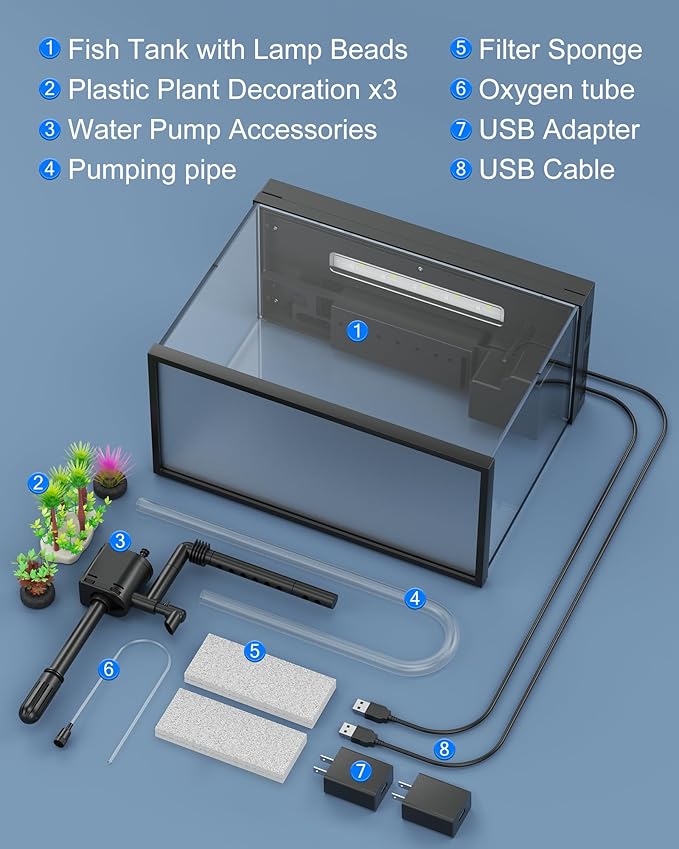 Fish Tank Aquarium Kit, 2.38 Gallon Beta Fish Aquariums, UHD Glass,Temperature Sensing, 7-Color Lighting Small Fish Tank for Kids/Desktop Decor