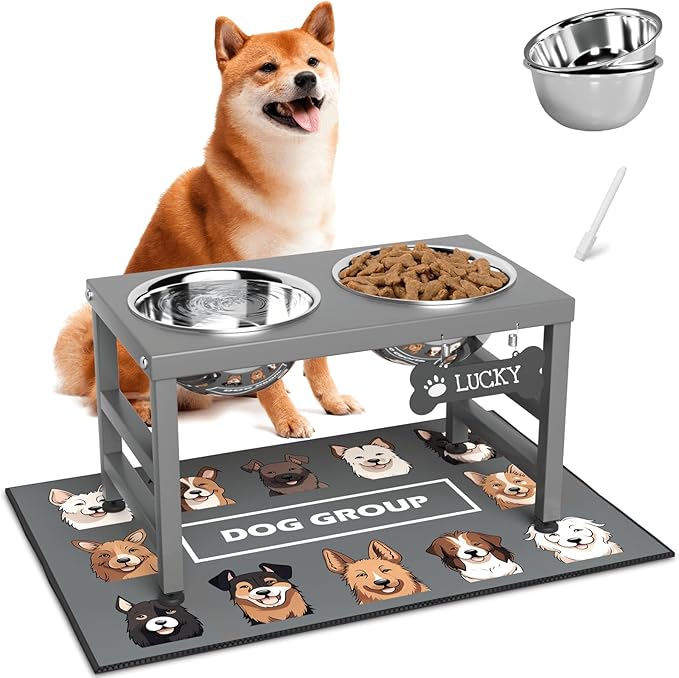 Elevated Dog Bowls, 10" Tall Height, Raised Bowl Stand with 2 Stainless Steel Food Feeder Bowls (58oz) and Spill-Proof Mat for Medium Large and Small Breeds, Grey
