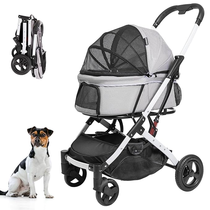 Pet Stroller for Medium Small Dog & Cat, Foldable Lightweight Dog Stroller with Storage Basket Pet Travel Carriage with Safety Leashes, 4 Wheel, Gray