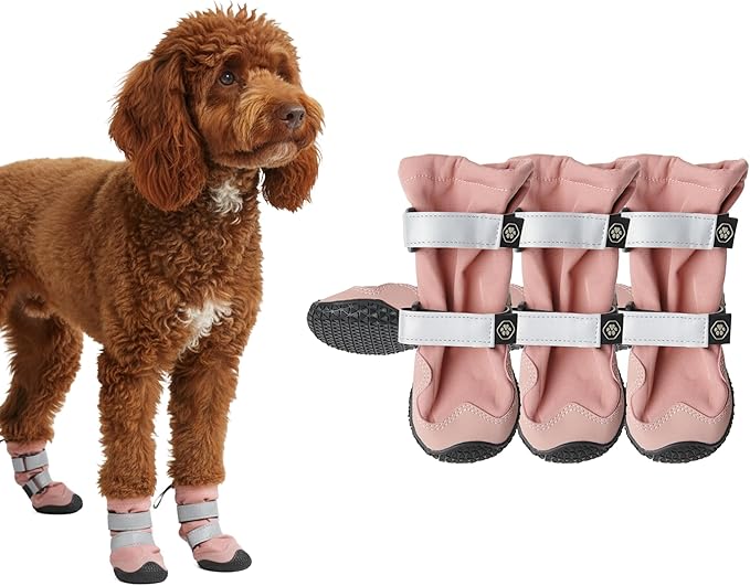 Spark Paws Dog Shoes, Waterproof Dog Boots for Medium to Large Dogs, Non Slip, Breathable Dog Booties and Paw Protectors - 4PCS Doggie Hiking Boots with Reflective Straps - Pink, Size 3
