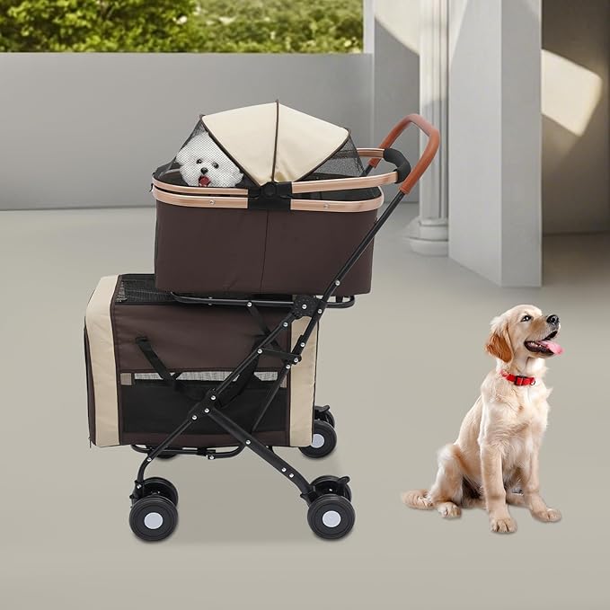 Foldable Pet Stroller for Small & Medium Dogs, Double Dog & Cat Stroller with 3-in-1 Travel System, Detachable Pet Carrier with Wheels for Cats and Dogs up to 77 lbs, Coffee Color