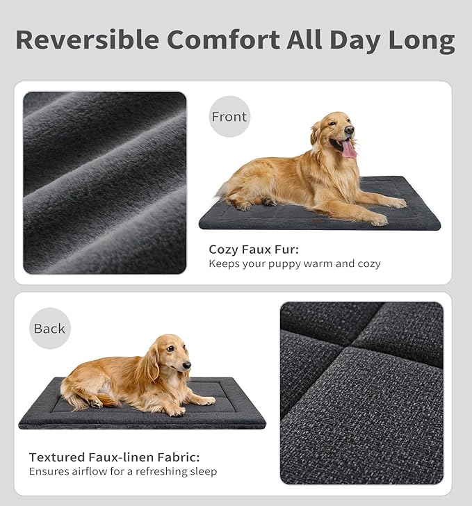Made4Pets Dog Crate Pad Bed for Large Dogs, Washable & Reversible, Anti-Slip Kennel Mat for Cozy Sleeping, Soft Fluffy Dog Bed for Indoor & Outdoor Use, 36"x27", Dark Gray