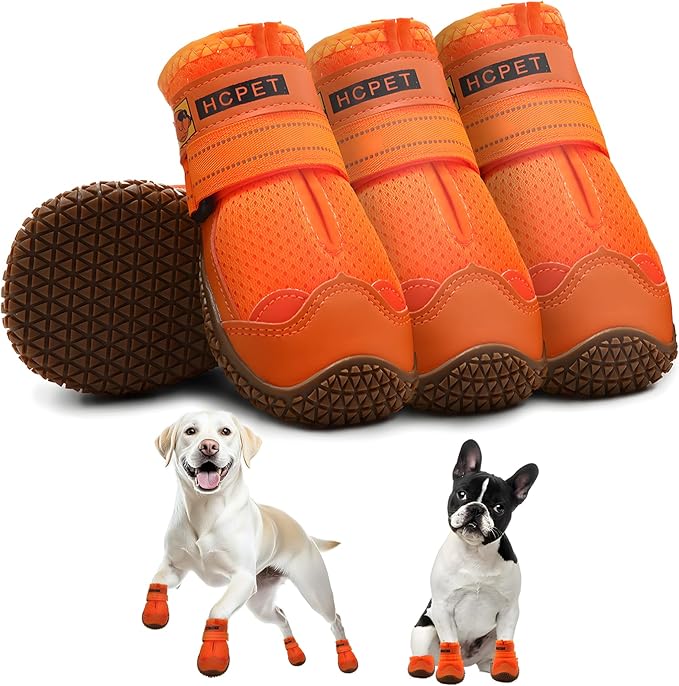 Hcpet Dog Shoes for Large Dogs, Breathable Dog Booties for Small Medium Dogs, Anti-Slip Dog Boots & Paw Protectors for Hot Pavement Winter Snow Hiking with Reflective Straps Orange Size 8