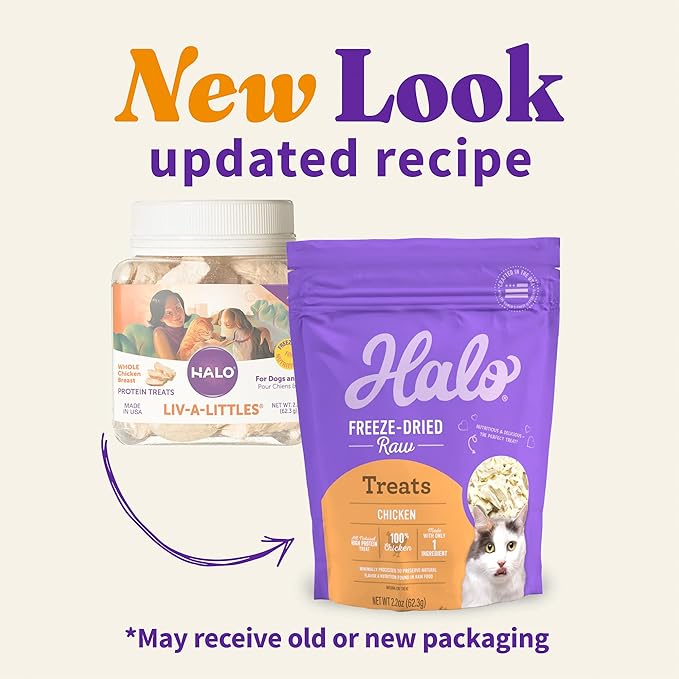 Halo Freeze Dried Raw Cat Treats, 100% Chicken Breast Recipe, Cat Treats Pouch, All-Natural High Protien Treat, 2.2 Oz Pouch