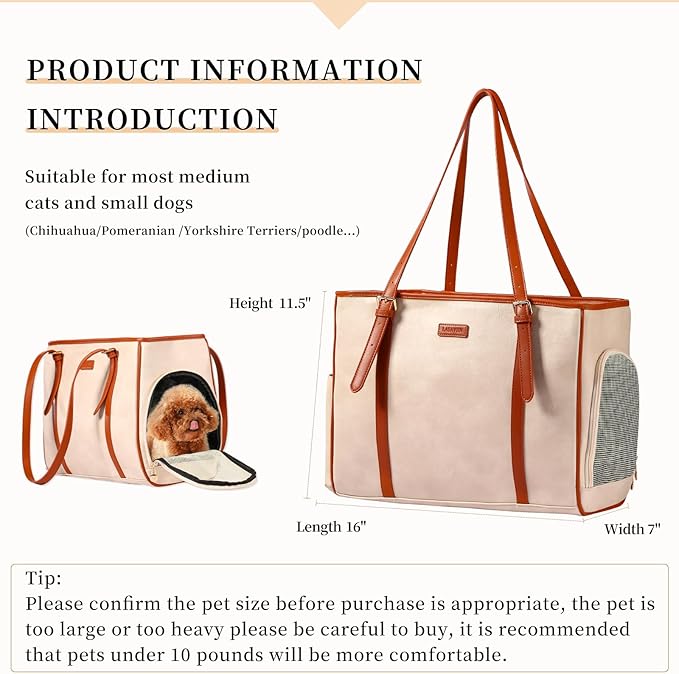 Fashion Dog Purse Pet Carrier Leather Bag for Small Dogs Cats Puppy, Portable Tote Bag Airline Approved Soft-Sided Carriers (Beign)