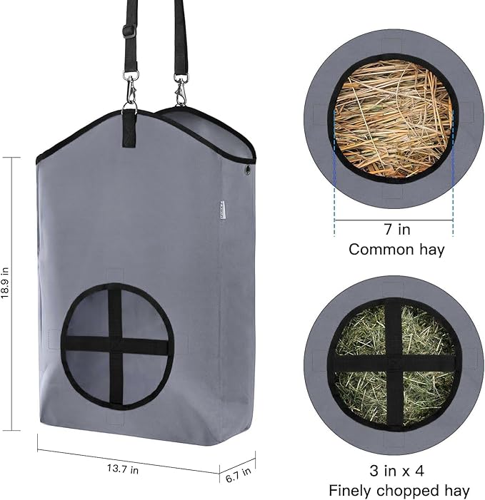 3 Packs Goat Hay Feeder,Hay Bags for Goats,Horses,Sheep,Premium 600D Oxford Cloth,with Metal Fastener and Adjustable Open Feed Hole for Slow Feeding. (1 Black+2Grey)