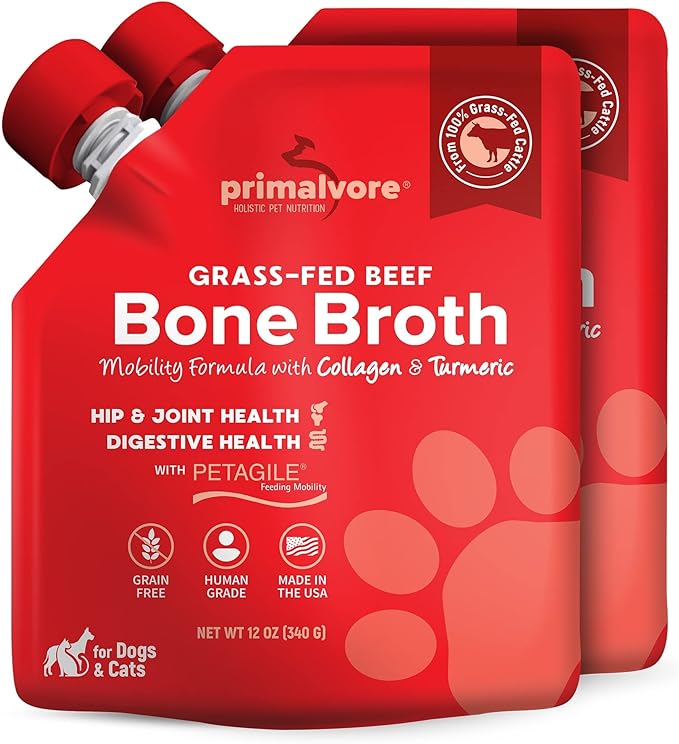 Primalvore Grass-Fed Beef Bone Broth for Dogs &Cats, Mobility Formula w/Collagen Peptides to Help Support Hip & Joints, Digestion, Skin & Coat and Hydration, Human Grade, Made in USA. Beef 2 Pack