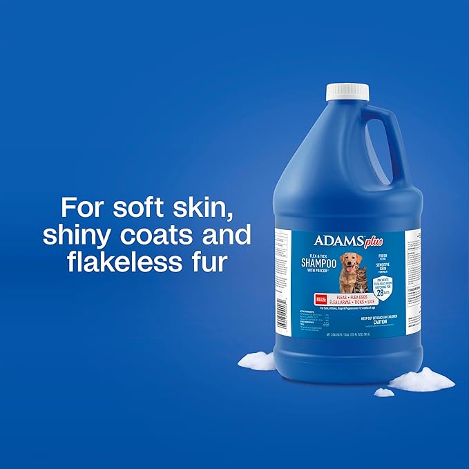 ADAMS Plus Flea & Tick Shampoo with Precor IGR for Cats, Kittens, Dogs & Puppies Over 12 Weeks Of Age, Sensitive Skin Flea Treatment, Kills Adult Fleas, Flea Eggs, Ticks, and Lice, 1 Gallon
