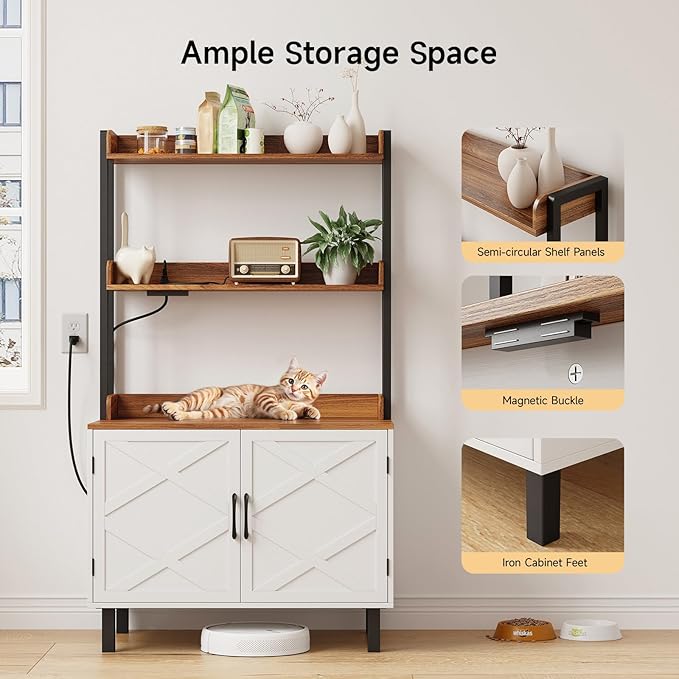 55 Inches Cat Litter Box Enclosure, Hidden Litter Box Furniture with 2 Storage Shelves and Charging Sockets, Wooden Cat House, Large Indoor Cabinet for Living Room & Entryway, White