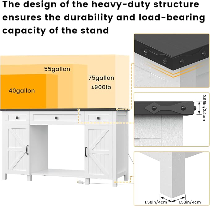 55-75 Gallon Aquarium Stand With Charging Station, Farmhouse Fish Tank Stand, Reptile Tank Stand Terrarium Stand with Drawer and Cabinet Storage, Sturdy Heavy Duty 53.5"×19.7" Tabletop - White