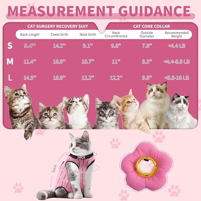 EMUST Cute Cat Recovery Suit & Cone Collar Set - Soft, Adjustable Flower Collar for Female Kittens Under 4lb (Pink, S)