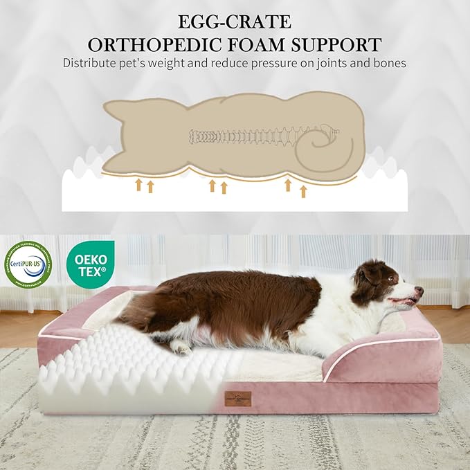 Comfort Expression Large Dog Beds Waterproof Orthopedic Foam Dog Sofa Beds Comfy Pet Bed with Washable Removable Cover & Non-Slip Bottom(Large,Pink)