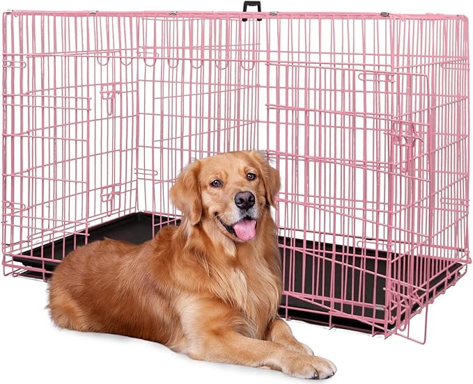 BestPet | Dog Crate | 48" | Pink | Foldable Metal Kennel with Double Doors, Secure Slide-Bolt Latches, Leakproof Tray | Portable Dog Cage for Large Breeds | for Travel, Indoor & Outdoor Use