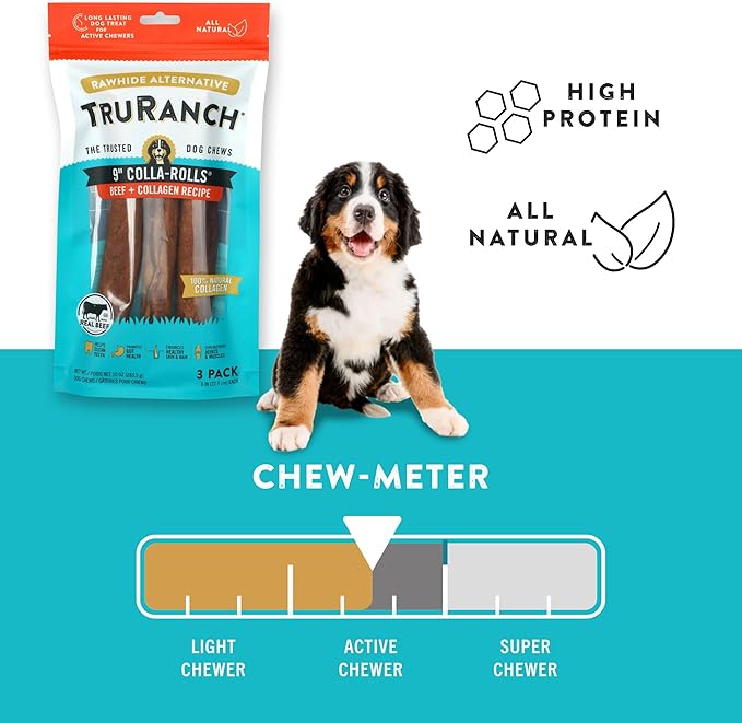 Collagen Rolls - 9" Collagen Rolls for Dogs - Long Lasting Healthy Joint Support - Rawhide Alternative - Skin & Coat Health - Made with Real Beef, Value Pack, 15 Bags, 45 Count