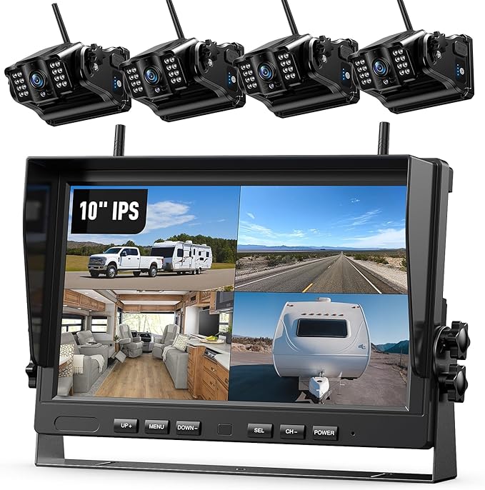 eRapta 4 Wireless Backup Camera Magnetic: 10.1" IPS Full-Size DVR Monitor, Install-Free RV Camera System with IR Night Vision, Built-in 9600mAh Battery for RV/Camper/Truck/Trailer/Tractor ACT104