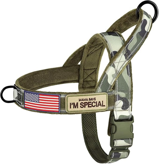 Forestpaw No Pull Dog Harness - Soft Flannel Padded Tactical Dog Vest Harness with Quick Release Buckle, Adjustable Reflective Pet Harness for Small Medium Dogs Walking Training,Green Camouflage S