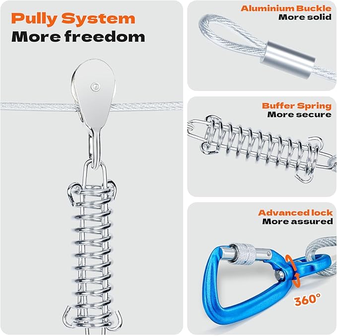 75ft Dog Runner for Yard Large Dog Heavy Duty with Double Shock Absorbers Tangle-Free Aerial Trolley System for Large Dogs Up to 250lbs(Silver)