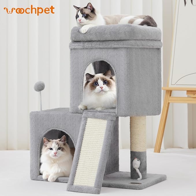 24inch Tall cat Tree with 2 cat condo and Mouse Toy Cozy Small cat Tower with Scratching Post and Board for Kitties and Small Cats.（Light Grey）