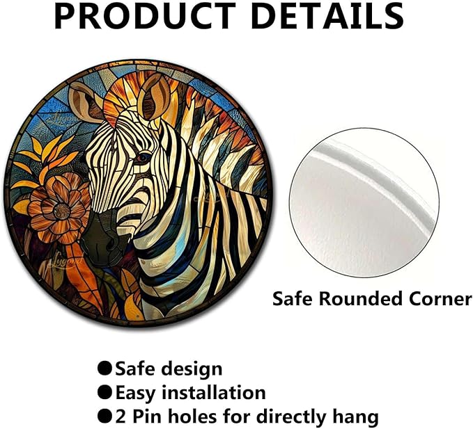 Lygond Metal Sign Tin Sign Circular Stained Glass Zebra Home Decor for Bar 12×12 Inches