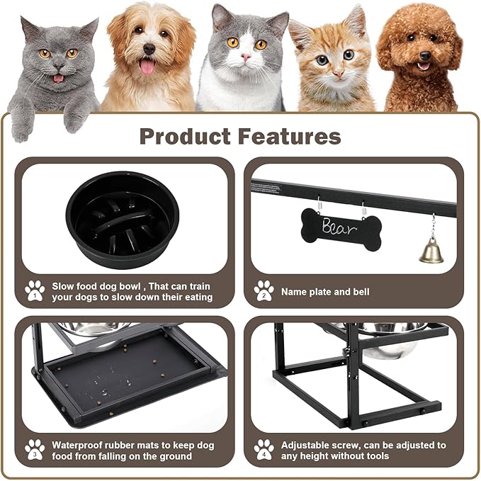 Elevated Dog Bowls with Slow Feeder for Large Dogs – Adjustable Raised Stand with 2 Stainless Steel Bowls & Spill-Proof Mat, Non-Slip Dog Feeder for Large & Medium Dogs (Black)