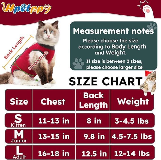 Cat Recovery Suit for Spay Abdominal Wounds, Kitten Onesie Bodysuit for Cats After Surgery, Cat Surgery Recovery Suit Female Cone of Shame Alternative for Cats Anti Licking (Red,M)