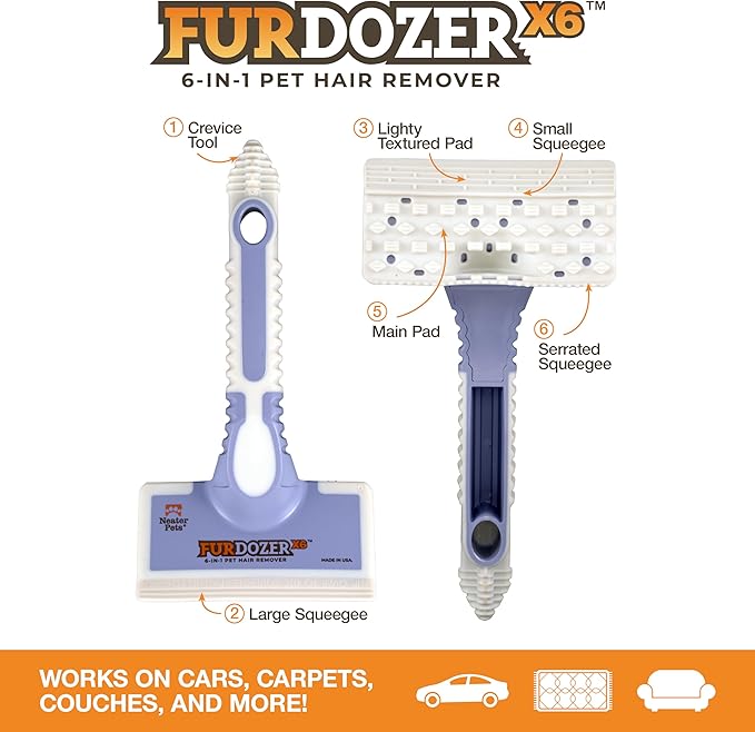 FurDozer X6 & X3 Bundle - Pet Hair Removal Tool & Car Detailing Dog Hair Remover for Carpet, Car, Couch, Bedding, & Furniture - Reusable Pet Fur Remover & Carpet Scraper for Animal Fur & Lint, Purple
