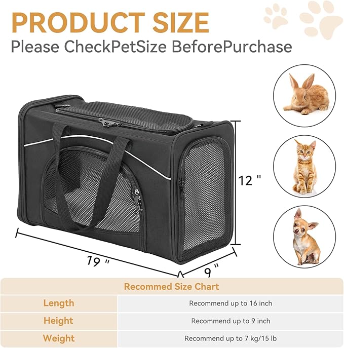 ‌Petsfit Airline Approved Pet Carrier for Small Dogs & Cats, 19x9x12 TSA Approved Carrier, with Removable Dual-Sided Padding (2-Way Placement) - Fits Under Most Airplane Seats, Escape Proof (Black)