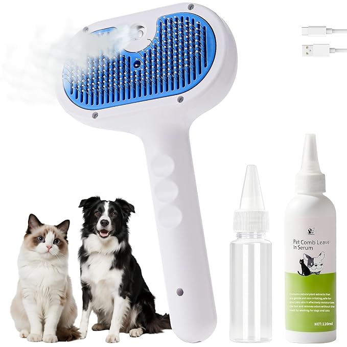 Cat Steam Brush for Shedding,3 In 1 Steam Brush for Dogs & Cats,Spray Hair Removal Comb,Includes Waterless Shampoo,Suitable for Long-haired and Short-haired Pets