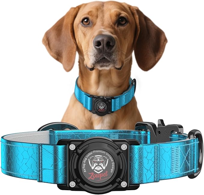 AirTag Dog Collar - Leather Dog Collar with Airtag Holder | IP68 Waterproof AirTag Holder with Metal Buckle, Comfortable GPS Dog Collars Tracker for Medium Large Dogs (Blue, L)