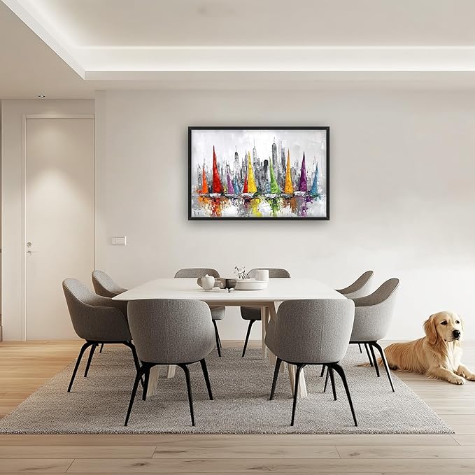 Framed Large Sailboat Wall Art for Living Room, Oversized Abstract City Wall Decor Colorful Sailboat Canvas Painting Pictures Modern Artwork for Living Room Bedroom Office Dinging Room 36"x24"