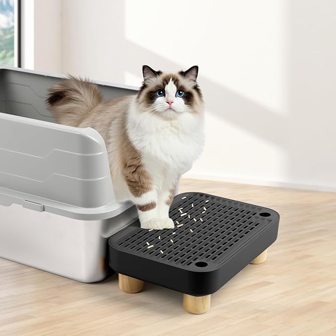 Cat Litter Box Step Ramp, Cat Litter Catcher Mat with Wooden Feet, Filter Function, Cat Pedal Stool for Self-Cleaning Cat Litter Box, Ideal for Kitten & Elderly Cats (Black)