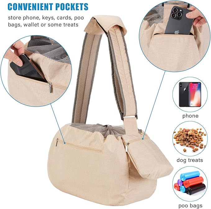 Ownpets Pet Sling Carrier, Fits 15 to 25lbs Extra-Large Dog/Cat Sling Carrier Reversible and Hands-Free Dog Bag with Adjustable Strap and Pocket Shoulder Pad, Beige