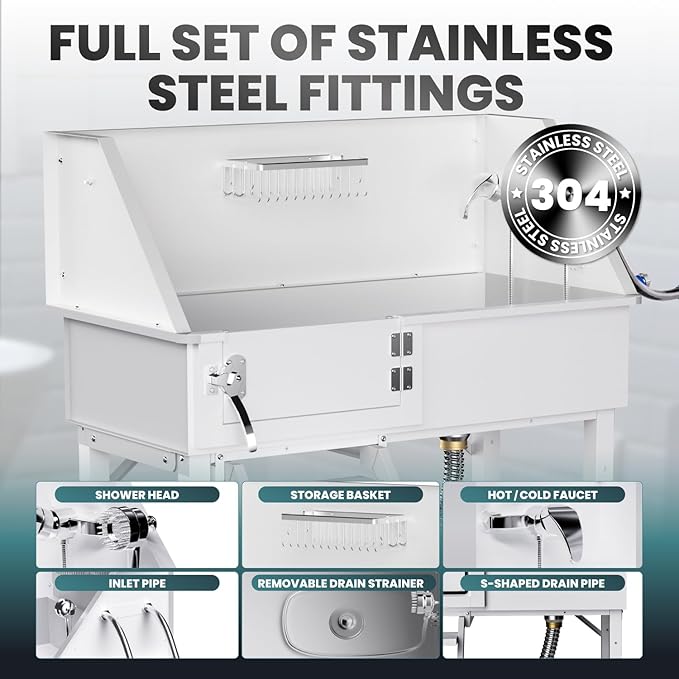 38" Dog Washing Station, Professional Stainless Steel Dog Bathing Station Dog Bathtub for Large & Medium Dog, Height Adjustable Dog Grooming Tub with Storage Basket, Movable Stair (Left Stair)