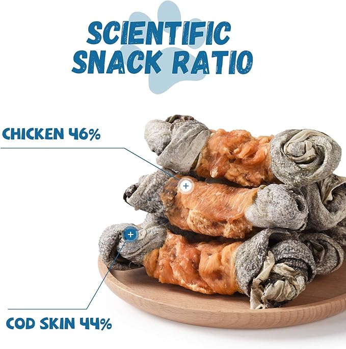 Dog Treats Chicken Wrapped Cod Skin Knotted Bones-6.5", All-Natural Healthy Fish Skin Dog Chew Treats, Rich in Omega-3 Protein, 4 Counts, 10.6 OZ