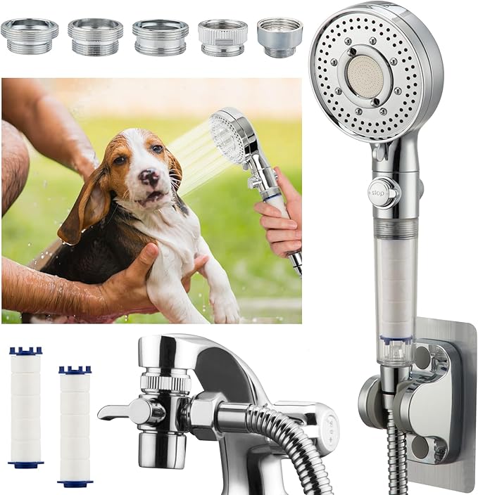 Klleyna Filter Dog Shower-Attachment for Bathtub-Faucet - ON/OFF Shower Head Attaches to Tub Spout, Pet Wash Hose Sink Sprayer (5 Adapters), Bathroom Kitchen Tap Extension for Hair Washing & Baby Bath