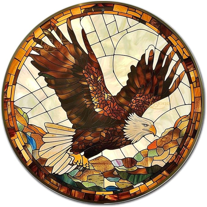 Lygond Metal Sign Tin Sign Circular Stained Glass Eagle Minimalist Wall Art For Gift 12×12 Inches