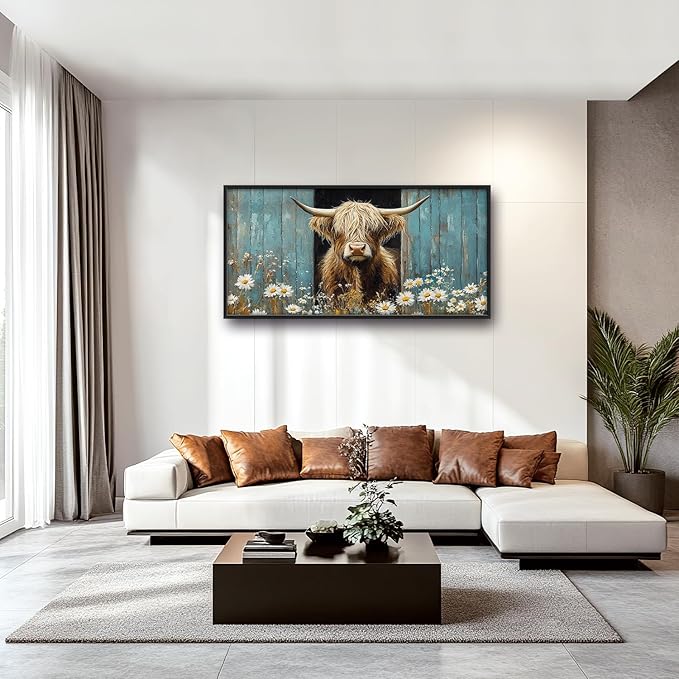 Large Farmhouse Highland Cow Country Wall Art for Living Room, Floral Canvas Oversized Wall Decor, Daisy Flower Animal Framed Pictures Painting Print Artwork for Bedroom Office 60"L x 30"W