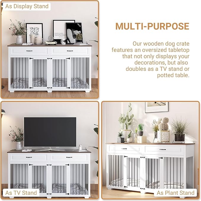 Large Dog Crate with Double Rooms, 72" Heavy Duty Wooden Dog Cage Furniture Dog Crate Kennel with Drawers & Removable Divider,Indoor Luxury Dog House for Large Dogs,White