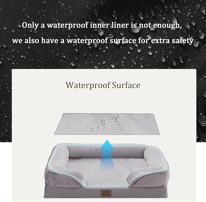 Bedfolks Orthopedic Dog Bed, Big Waterproof Dog Sofa Bed for Large Dogs, Egg Foam Pet Couch Bed with Removable Washable Cover and Nonslip Bottom, Light Grey
