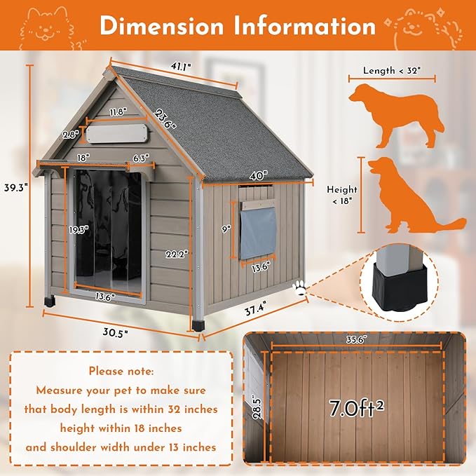 Outdoor Dog House Weatherproof Large Wooden Dog Kennel Indoor for Small Dogs with Chew-Proof Frame, Oxford Fabric Window, Removable Floor Pet Shelter (Grey, 30.5" D x 37.4" W x 39.3" H)