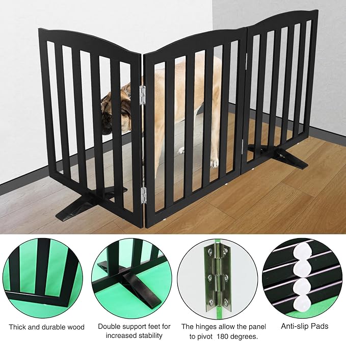 ZJSF Foldable Freestanding Indoor Dog Gate for House Wood Long Pet Gates Dog Fence for Stairs Puppy Gates for Hallways, Puppy Gate,Support Feet Included, Black, 32 "Height-3 Panels