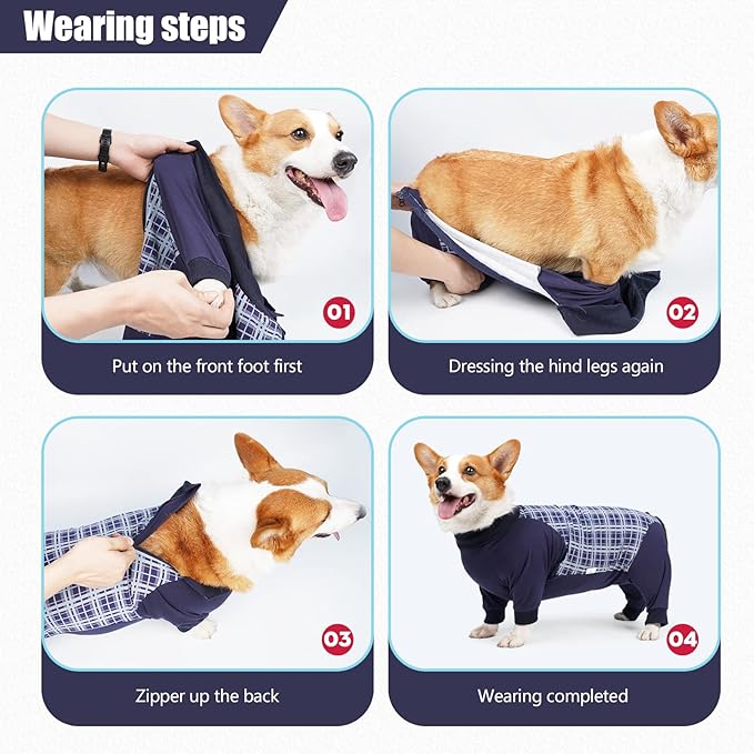 Dog Recovery Suit, Abdominal Wound After Surgery Wear, Anti Licking Bodysuit with Zipper, E-Collar & Cone Alternatives, Plaid Dog Spay Surgical Shirt Prevent Shedding(Medium, Blue)