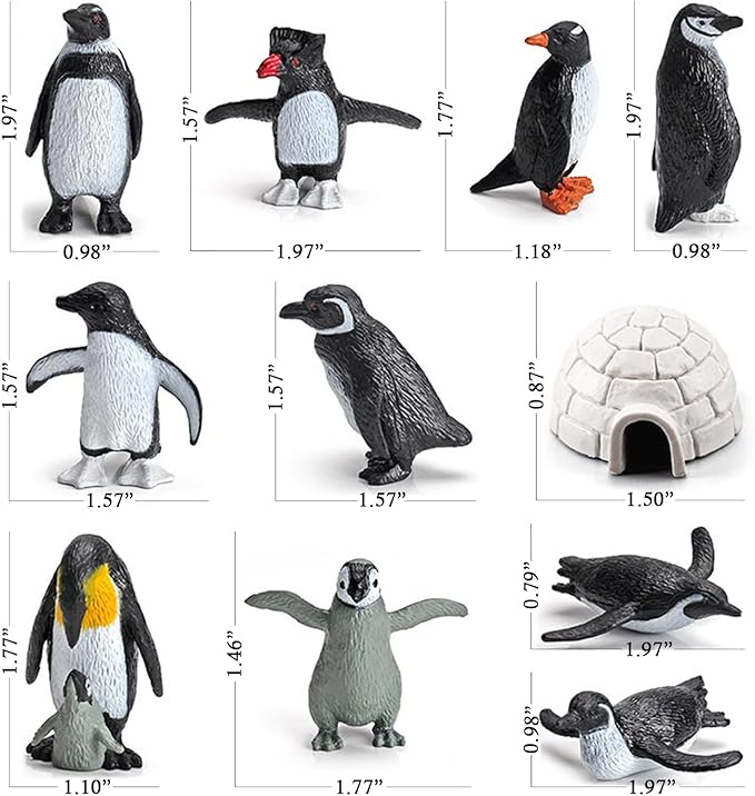 11PCS Penguin Toys, Plastic Arctic Animal Penguin Figures for Kids, Realistic Polar Animals Penguin Figurines Set with Igloo Model, Cake Topper Winter Miniature Toys Decoration