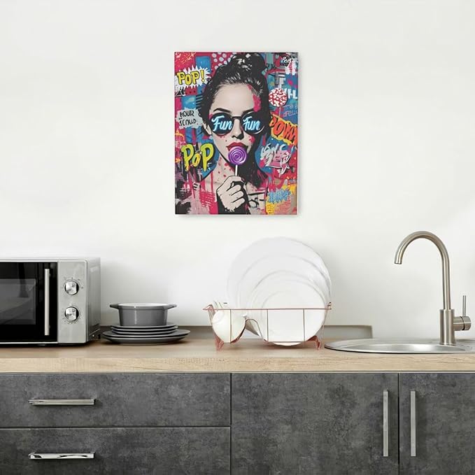 Fashion Women Wall Art Glam Modern Artwork for Girls Banksy Street Graffiti Pop Art Canvas Pictures Painting Print Framed Decorations Gifts for Bedroom Living Room Office 12"x16"
