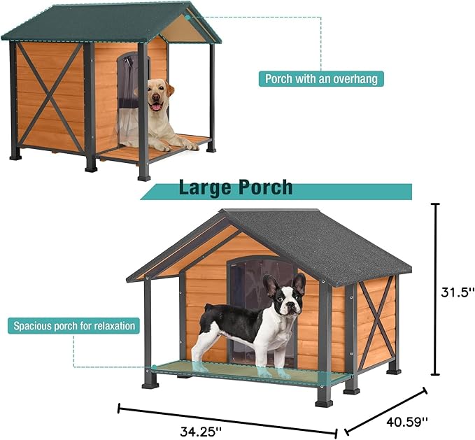 Outdoor Dog House,Weatherproof Wooden Dog Shelter for Small to Medium Sized Dogs,Iron Frame Indoor Outdoor Doghouse,Puppy Kennel,Pets Warm House in Winter with Large Porch
