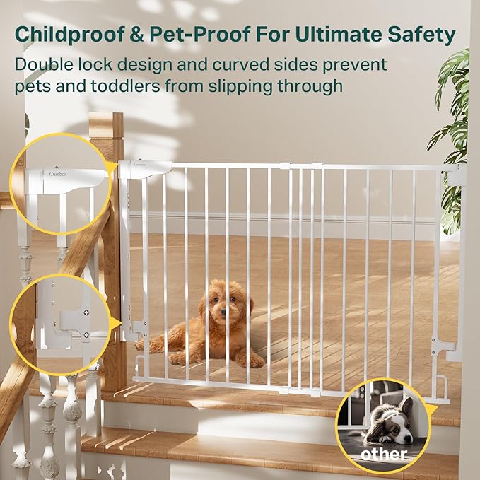 Cumbor 29.2-43" No Bottom Bar Baby Gate for Stairs, 2-in-1 Hardware Mounted Dog Gate Indoor, Auto Close Pet Gate for Doorways with Large Walk Thru Door, Wide Child-Proof Safety Gates for Kids (White)