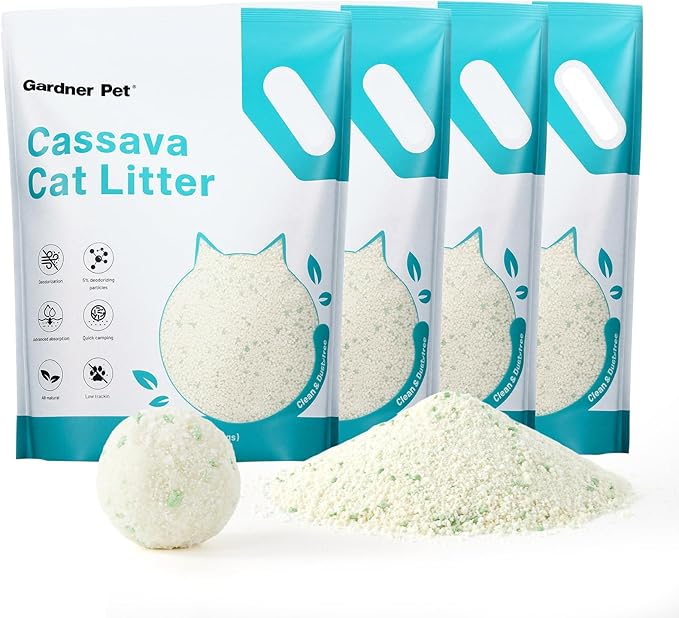 Gardner Pet Cassava Cat Litter, Clumping Cat Litter with Odor Control, Low Dust, Natural Plant-Based Litter, Fast Absorption & Low Tracking Kitty Litter, Unscented with Deodorizing Pellets (9LBS*4)