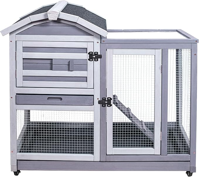 GEGURI Rabbit Hutch Indoor Rabbit Cage Outdoor, Wooden Bunny Cages for Guinea Pig with Wheels, Removable Tray, Ramp